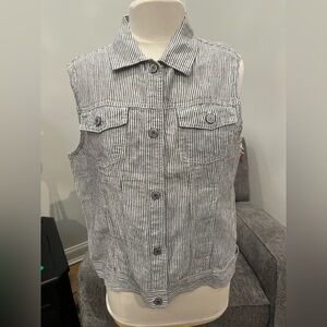 Kenar Linen Vest NWT XL Gray White Ticking Stripe Button Front Collar Skeeveless